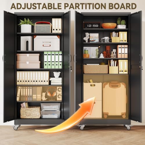 Metal Storage Cabinets with Wheels, Steel Tool Cabinets Lock Door and 5 Adjustable Shelves for Home Office, Garage, Kitchen (Black, 74.8" H)