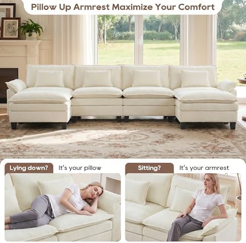 IPKIG 154" Modular Sectional Sofa, Chenille U-Shaped Sectional Couch Comfy Upholstered 4-Seat Sofa with 2 Ottoman, 4 Lumbar Pillow, Deep Seat Cloud Couch Sofa for Living Room, Beige White