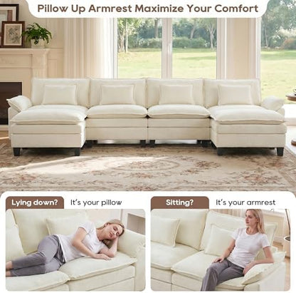 IPKIG 154" Modular Sectional Sofa, Chenille U-Shaped Sectional Couch Comfy Upholstered 4-Seat Sofa with 2 Ottoman, 4 Lumbar Pillow, Deep Seat Cloud Couch Sofa for Living Room, Beige White