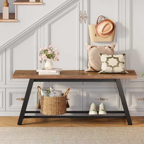 Oastreeful Storage Bench Industrial Rustic Wooden and Metal Entryway Shoe Boots Storage Rack Long Bench Seat for Hallway Bedroom Retro Brown Farmhouse Style