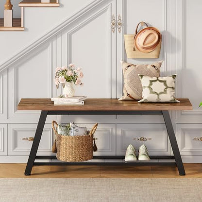 Oastreeful Storage Bench Industrial Rustic Wooden and Metal Entryway Shoe Boots Storage Rack Long Bench Seat for Hallway Bedroom Retro Brown Farmhouse Style