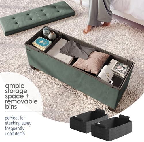Storage Ottoman Bench with Bins, 43-in Storage Bench for Bedroom End of Bed, Folding Foot Rest Ottoman for Living Room Max 660lbs, Leather Ottomans, Green