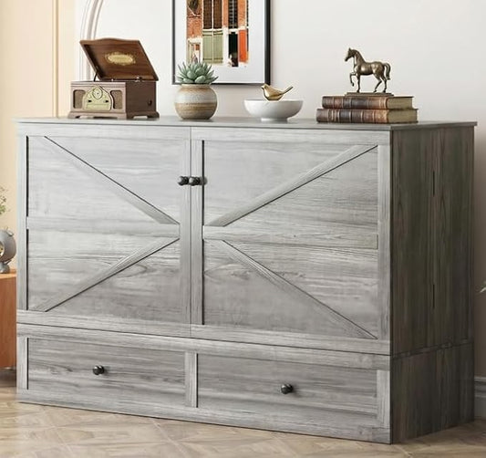 PUREMIND Full Murphy Bed Cabinet with Storage Drawers, Bedroom Cabinet Beds with USB Charging Station, Murphy Chest Bed with Storage Drawers, Horizontal Wallbed for Guest Room