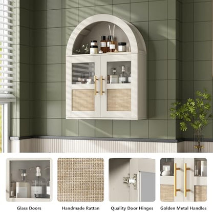 RUSTOWN Arched Bathroom Wall Cabinet with 2 Glass & Rattan Doors