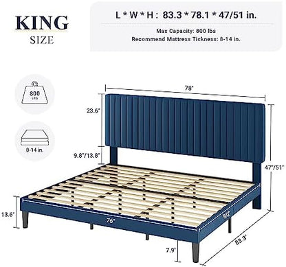 Allewie King Bed Frame, Velvet Upholstered Platform Bed with Adjustable Vertical Channel Tufted Headboard, Mattress Foundation with Strong Wooden Slats, Box Spring Optional, Easy Assembly, Navy Blue