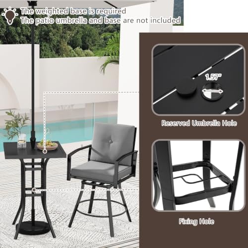 Tangkula 3 Pieces Patio Swivel Bar Set, Outdoor Metal Bar Table and Chairs Set with Soft Cushions and 1.57” Umbrella Hole, Counter Height Patio Bistro Set with Armrests for Lawn, Garden (Gray)
