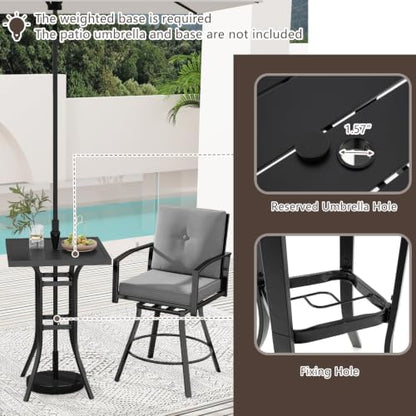 Tangkula 3 Pieces Patio Swivel Bar Set, Outdoor Metal Bar Table and Chairs Set with Soft Cushions and 1.57” Umbrella Hole, Counter Height Patio Bistro Set with Armrests for Lawn, Garden (Gray)