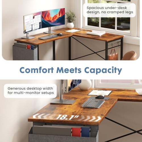DUMOS L Shaped Computer Desk with PC Stand, Corner Workstation, Brown