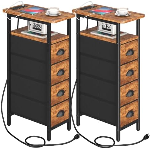 sthmec Nightstand with Charging Station, Narrow Night Stand Set of 2 with 4 Drawers, Skinny Side Table with Fabric Drawers,Slim Sofa Couch Tables for Small Spaces Bedroom,Rustics Brown