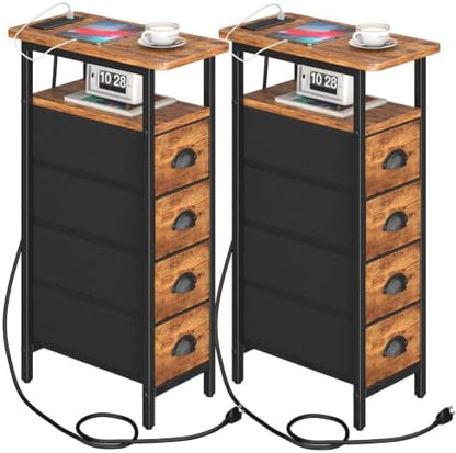 sthmec Nightstand with Charging Station, Narrow Night Stand Set of 2 with 4 Drawers, Skinny Side Table with Fabric Drawers,Slim Sofa Couch Tables for Small Spaces Bedroom,Rustics Brown