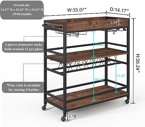 Rolling Bar Cart on Wheels for Home with Wine Rack, Glass Holder