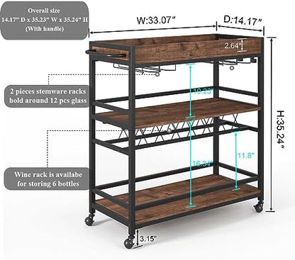 Rolling Bar Cart on Wheels for Home with Wine Rack, Glass Holder