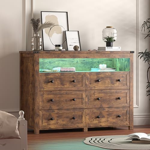 Dresser for Bedroom with 6 Drawers, LED Lights, Power Outlet, Brown