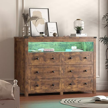 Dresser for Bedroom with 6 Drawers, LED Lights, Power Outlet, Brown