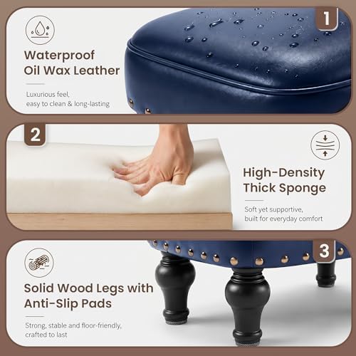 Cmishe Ottoman Leather Footrest,Vintage Footstool,Thickened Foam Upholstered Seat,Wooden Leg Foot Rest,Under Desk Shoe Bench Small Bench for Living Room Dining Room(Blue)