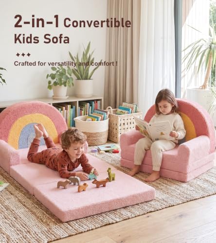 2-in-1 Extra Large Kids Couch Fold Out, Soft Kid Sofa for Playroom, Pink