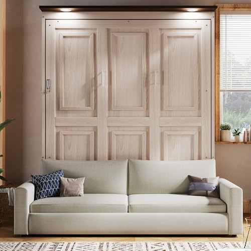 MERITLINE Queen Murphy Bed with Couch and LED Lighting,Solid Wood Folding Murphy Wall Bed Cabinet with Sofa
