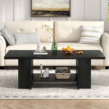 FOLUBAN Black Coffee Table with Storage Bottom Shelf & Side Shelves, Modern 2-Tier Living Room Center Table, Rectangular Wood Cocktail Tea Table for Home Office, 47 Inch