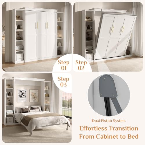 Rophefx Queen Murphy Bed Cabinet with 5-Tier Shelves, Wood Wall Bed, White