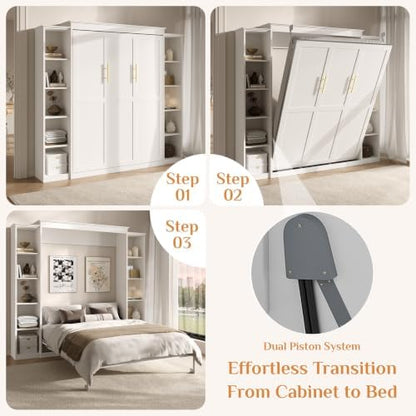 Rophefx Queen Murphy Bed Cabinet with 5-Tier Shelves, Wood Wall Bed, White