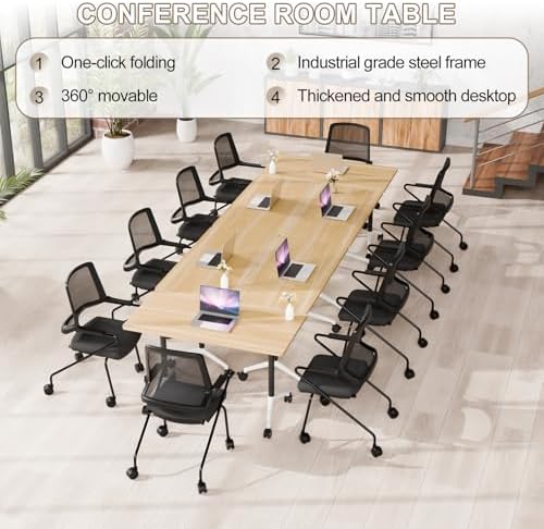 Folding Conference Table Modern Large Mobile Meeting Table Rolling Conference Room Tables with Wheels Seminar Tables for Office Training Classroom (10, Original Wood, 47.2" D X 23.6" W X 29.5" H)