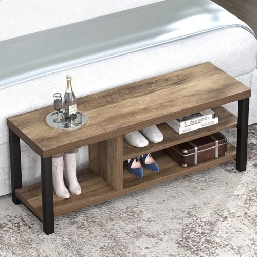 Shoe Bench for Entryway, Wood and Metal Indoor Bench with Shoe Storage and Seating for Bedroom, Hallway, Living Room, Rustic Oak, 43.3 Inch
