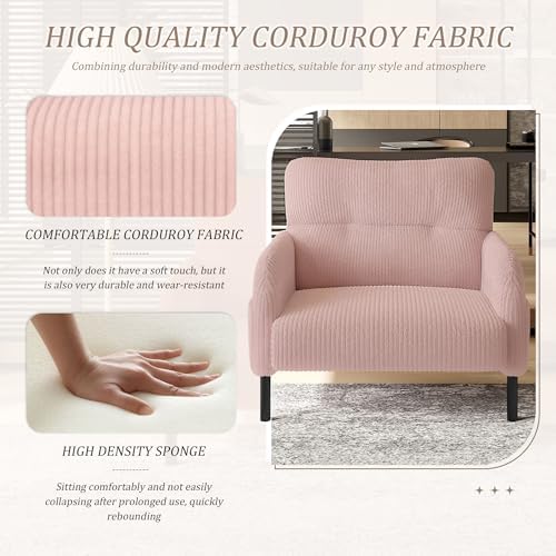 26" Corduroy Single Sofa Chair with Double Side Pockets & High Resilience Cushion, Modern Ergonomic Design Upholstery Oversized 1-Seater Accent Chair, Easy Assembly, for Living Room, Pink