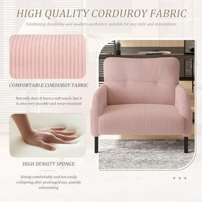 26" Corduroy Single Sofa Chair with Double Side Pockets & High Resilience Cushion, Modern Ergonomic Design Upholstery Oversized 1-Seater Accent Chair, Easy Assembly, for Living Room, Pink