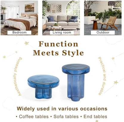 Round End Table with Tempered Glass, Small Side Table for Living Room Bedroom, W14.96in Light Blue