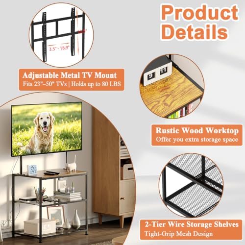 23 Inch to 50 Inch Floor Small Corner TV Stand with Storage Shelves for Living Room Bedroom, Universal Floor Television Stands with Mount, Rustic Brown Corner TV Table Desk Shelf for Small Space
