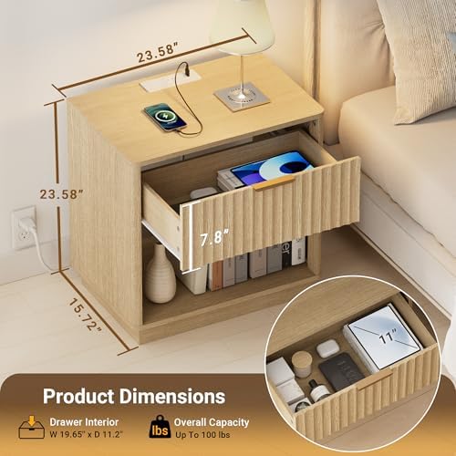 23"W Modern Fluted Nightstand with Charging Station, Natural Oak