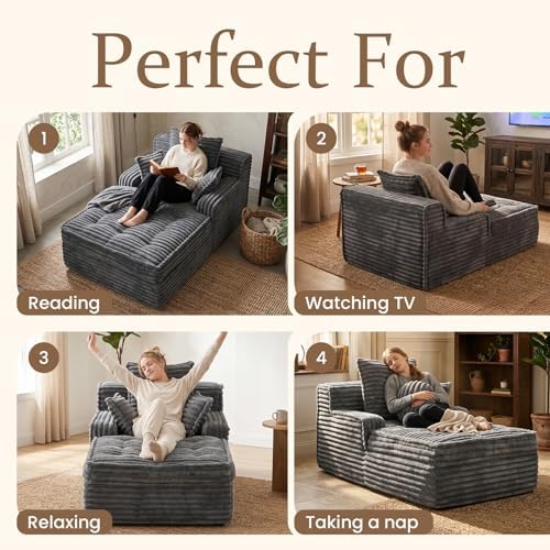 Boneless Chaise Lounge Couch Indoor, Small Corduroy Upholstered Sleeper Sofa Bed Reading Chairs with 3 Pillows, Fluffy Comfy Cloud Sofas Couches, Compression Boneless Sofa for Small Corner