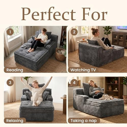 Boneless Chaise Lounge Couch Indoor, Small Corduroy Upholstered Sleeper Sofa Bed Reading Chairs with 3 Pillows, Fluffy Comfy Cloud Sofas Couches, Compression Boneless Sofa for Small Corner