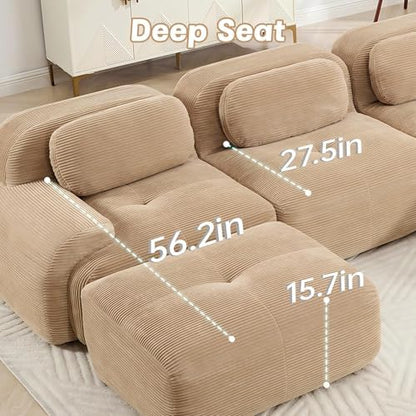 117" Corduroy Modern Sectional Couch, Boneless Couch, Compact sofa, Camel