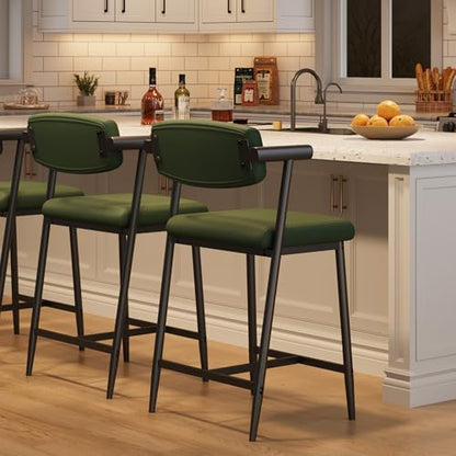 IDEALHOUSE Counter Height Bar Stools Set of 2 with Arms, Upholstered Barstool with Back & Footrest, Soft Wider Seat, Modern Metal Bar Stools Set for Kitchen Island, Bar, Easy Assembly, Rustic Green