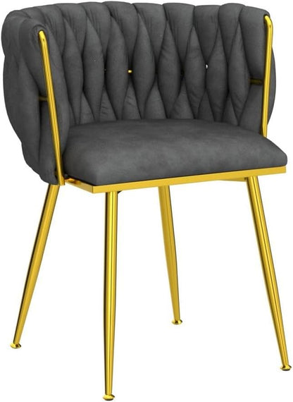 Velvet Dining Chairs Set of 4, Modern Upholstered Dining Room Chairs with Golden Metal Legs and Woven Backrest for Dining Room, Kitchen, Vanity, Living Room (Grey)