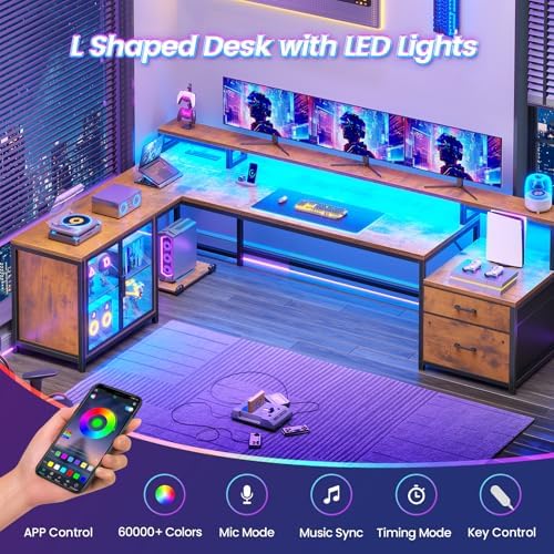 SEDETA 78.7” Large L Shaped Office Desk with Storage Drawers, LED Lights