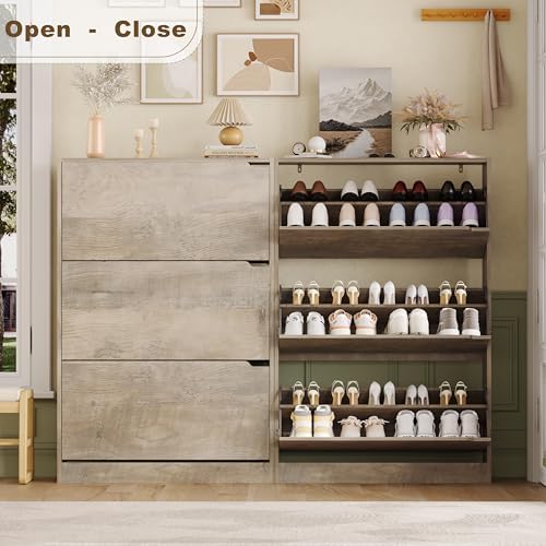 Shoe Storage Cabinet with 3 Flip Drawers, Grey