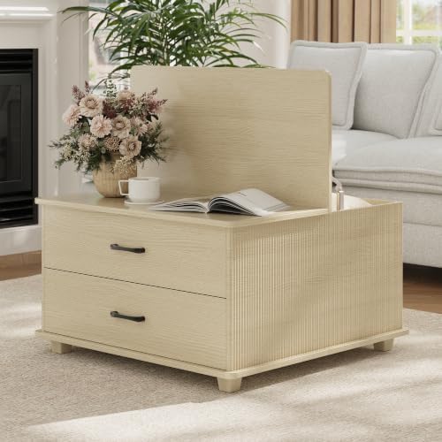 MALOL Storage Coffee Table with 2 Drawers & Flip-Top Lid with Hidden Storage, Modern Fluted Wood Coffee Table, Solid Wood Legs, Square Center Table for Living Room, Light Wood