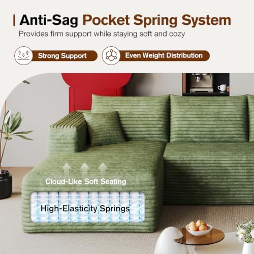 96" Sectional Boneless Modular Couch, Cloud Sofa Green