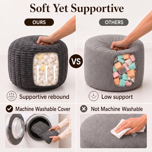 Round Pouf Ottoman, Charcoal Gray, 20"x13", Corduroy Foot Rest
