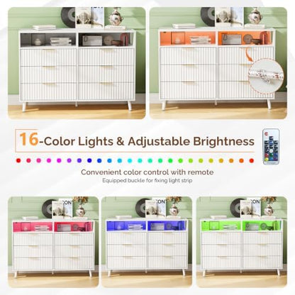 VINGLI Fluted White Dresser, Led Dresser 6 Drawer, White Wood Bedroom Dressers TV Stand, Modern, 47" W*15.75" D*33" H
