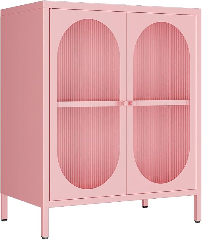 2 Translucent Door Metal Accent Storage Cabinet for Home, Living Room, Office Room,Kitchen-Metal Locker Cabinet with 1 Adjustable Shelves-2-Tier (Pink)