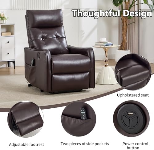 Power Lift Recliner Chair with Vibration Massage and Heat for Petite Elderly, Small Lift Chair with Side Pocket Remote Control, Infinite Position, Faux Leather Red Brown