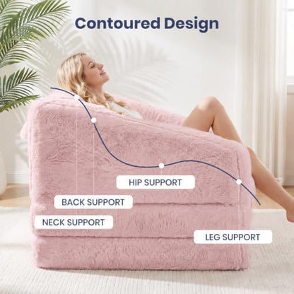 Convertible Folding Sofa Bed, 2 in 1 Portable Floor Couch & Foam Mattress with Handle, Space-Saving Faux Fur Futon Chair for Living Room, Bedroom, Guest Room (Loveseat, Pink)
