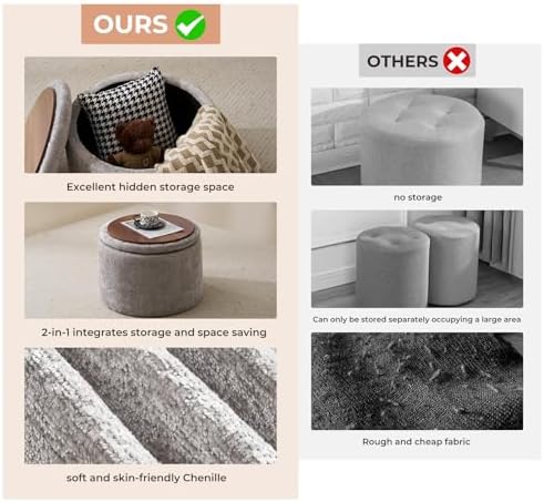 Modern Round Storage Ottoman with Reversible Tray Lid,Chenille Ottoman Foot Stools, Ottoman Footstool with Hidden Storage, Storage Ottoman for Living Room, Multi-Functional Footrest,Light Grey
