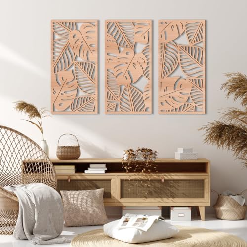 IARTTOP Large Wood Tropical Wall Art 15.9X32 Inch Carved Palm Leaves Wall Decor Coastal Leaf Monstera Plant Wall Sculptures for Living Room Bedroom Set of 3