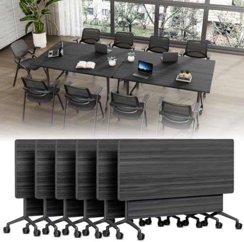 Folding Conference Table, Conference Room Tables with Wheels Foldable Large Rectangle Meeting Seminar Table for 6-12 People, Flip Top Mobile Training Table for Office Classr (6, Black, 55.1in)
