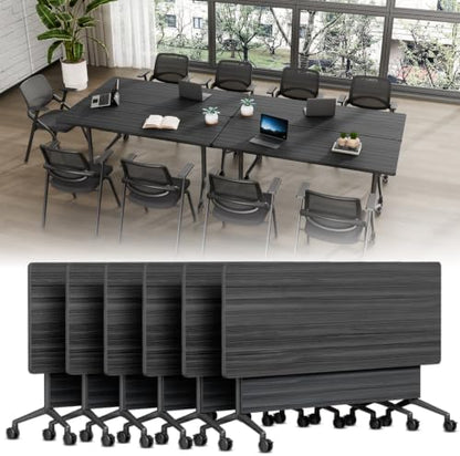 Folding Conference Table, Conference Room Tables with Wheels Foldable Large Rectangle Meeting Seminar Table for 6-12 People, Flip Top Mobile Training Table for Office Classr (6, Black, 55.1in)