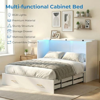 Mjkone Murphy Cabinet Bed No Mattress, Queen Size White